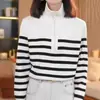 Talla Grande Comercio Exterior Suéter de Punto Rayado con Solapa y Cremallera para Mujer Otoño Invierno Estilo Perezoso Holgado Abrigo Grueso para Mujer Transfronterizo de Moda