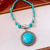 Colar com Pingente Redondo de Pedras Naturais Vintage, Corrente de Suéter Estilo Étnico Retrô, Acessório Moderno e Elegante