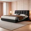 Cama de Cuero Acolchada Cuadrada Moderna, Piel de Vaca de Grano Superior Negra, Cama King de Lujo para Dormitorio Principal, Diseño Minimalista Moderno