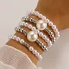 Pulseira Cruzada Europeia e Americana Nova Moda Pérola Imitação Exagerada Contas Redondas 5 Peças Deslizar Usando Conjunto de Pulseiras Criativas