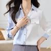 Suministro transfronterizo primavera 2024 nuevo costura satén estilo Hong Kong retro color de contraste camisa pequeña moda camisa de cuello en V para mujer