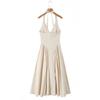 7602-25 Nuevo Estilo de Verano Estilo Europeo y Americano Albaricoque Elegante Correa en la Cintura Cuello Halter Cuello en V Vestido de Longitud Media