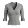 Camiseta Feminina com Decote em V Profundo e Manga Três Quartos, Sexy e Estilosa, Top Básico de Manga Longa para Outono, Cropped Estilo Coreano para Usar Sozinho