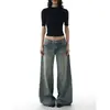 Jeans largo flare com vinco lavado retrô americano para mulheres, novas calças retas largas de cintura baixa emagrecedoras compridas até o chão