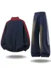 Traje Deportivo Casual de Retazos Rayados Estilo Americano para Hombre Otoño/Invierno Marca de Moda Set de Chaqueta Sudadera Cardigan con Cuello Alto