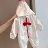 Macacão com capuz para bebê menina primavera e outono, conjunto de bolinhas de coração para recém-nascido, macacão com zíper e laço vermelho para bebê