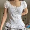 Europeo y Americano Personalizado Bordado Pecho Plisado Cordón Tirantes Plegados Manga Elástica Top Mangas Abullonadas Versátil y Holgado