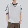 Danbaoni 2026 Verão Novo Estilo Estilo Americano Algodão Puro Listrado Retalhos Camiseta Solta Tendência Retalhos Casual Manga Curta Masculino