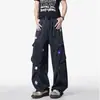 Jeans de trabajo bordados de nicho para hombre, pantalones casuales rectos de moda, pantalones anchos acampanados retro americanos multibolsillo