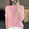 Chaqueta tipo suéter adelgazante de punto con cuello redondo, corta, hueca, con hebilla de flor, de lana pura, primavera de 2025