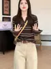 Suéter tejido de rayas retro cuello en V estilo coreano para mujer, nueva colección otoño 2026, talla grande, elegante, corte favorecedor