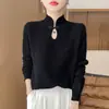 Suéter básico de punto fino de moda con cuello semi-alto y diseño de piña, nuevo diseño de botones, top de punto elegante, top estilo chino para usar en capas