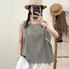 Verano 2025 Nuevo Estilo para Mujer Chica Mori Cuadros Cuello Redondo de un Solo Botón Holgado Sin Mangas Camisa Chaleco Chaleco de Mujer
