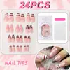 Uñas postizas de almendra transfronterizas en rosa, blanco y marrón con rayas, estilo francés rosa y marrón, flores 3D, perlas y estrellas