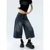 Shorts de Mezclilla Cortos de Pierna Ancha Estilo Vintage Lavado Retro Americano para Mujer, Tendencia de Verano Versátil Estilo Nuevo, Pantalones Rectos de Ocho Puntos