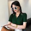 Top de punto con cuello y manga corta, ajustado, con bloques de color, tejido elegante, Camiseta Ozon Amazon, En stock, Versátil, Estilo corto
