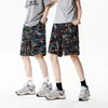 Pantalones Cortos de Punto con Graffiti de Letras para Hombre, Estilo Delgado de Verano, Pantalones de Estampado Completo de Estilo Americano de Moda, Shorts de Cinco Puntos Retro para Vacaciones en la Playa