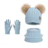Nuevo Conjunto de Invierno para Niños de Tres Piezas: Gorro de Punto con Bola de Pelo, Guantes y Bufanda para Niños y Niñas, Traje Térmico Forrado de Felpa
