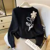 Suéter Pulôver Fashion Slimming 2025 Resistente Personalizado com Strass Gola Redonda para Mulheres, Design Moderno e Único, Estilo Versátil