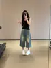 Jeans crop vintage lavados rasgados estilo coreano para mujer, pantalones rectos casuales holgados de pierna ancha de cintura alta adelgazantes para verano