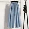 Foto Real de Pantalones de Mezclilla Tencel de Cintura Alta para Mujer, Nuevo Estilo de Verano, Talla Grande de Corte Holgado, Pantalones Anchos de Nueve Puntos Adelgazantes para Mujer, Algodón