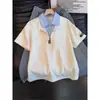 Polo Masculino de Cor Contrastante com Gola e Meio Zíper Manga Curta Verão Solto Falso Duas Peças Gola Camisa Top Manga Curta para Casal