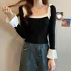 Otoño 2024 nuevo para mujer, temperamento francés, manga larga, combinación de colores, cuello halter, cuello cuadrado, versátil, camiseta ajustada, suéter de lana