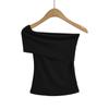 24052-24 Primavera Novo Estilo Europeu e Americano Puro Lazer Inclinado Ombro Fino Spice Girl Design Sense Slim Fit Camiseta Curta