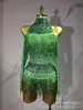 Macacão de Rede com Gola Halter de Manga Longa com Franjas de Strass para Performance de Cantora em Palco de Boate - Venda Quente Transfronteiriça Europeia e Americana