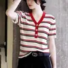 Top de algodón puro con bloques de color y rayas, cuello en V semiabierto, de verano, superventas, corte ajustado, moderno, estilo coreano, versátil, de manga corta para mujer