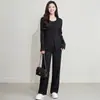 Conjunto de Moda Miyake: Cárdigan de punto de alta gama hecho a mano con pliegues y cuello en V de un solo botón para primavera, nuevo conjunto de dos piezas ajustado con pantalones de pierna ancha