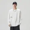 Camiseta Branca com Bordado Divertido Estilo Retrô Americano Manga Longa Masculina Outono Tendência Algodão Puro Pesado 260g Top Solto Masculino