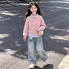 Conjunto de Sudadera con Capucha de Retazos Rayados Estilizado Artístico Fresco para Niñas, Falso Dos Piezas, con Cuello, Lindo Versátil para Jeans
