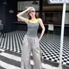 7066 # Ropa de Verano para Mujer de Rayón con Bloques de Color, Estilo Falso de Dos Piezas, con Almohadillas en el Pecho, Diseño de Espalda Hermoso, Sujetador Integrado, Top Corto, Moderno