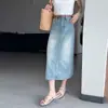 Saia Midi Jeans Simples Reta de Cintura Alta Feminina Emagrecedora Versátil Saia Jeans Midi em Linha A
