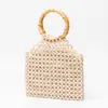 Bolsa de Mão de Bambu com Contas de Madeira, Bolsa de Contas Transfronteiriça Europeia e Americana, Bolsa Tecida Feita à Mão em Cor Contrastante, Nova Bolsa de Mão Vazada para Mulheres