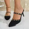 Mules Bico Fino para Mulheres, Salto Alto Preto de Verão com Decoração de Rebites Dourados, Adequado para Festas na Rua, Ambiente de Trabalho, Deslocamento Diário e Múltiplas Ocasiões