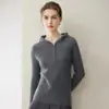 Novo moletom de caxemira outono e inverno para mulheres, caxemira pura de cabra, suéter de malha quente e grosso casual versátil com capuz e zíper meio