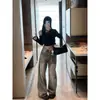 Jeans retro color gris moca, a la moda y con estilo, estilo coreano para mujer, con cintura alta, corte holgado, efecto adelgazante y diseño versátil de pierna ancha, perfectos para otoño