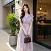 Vestido de Verano para Mujer Estilo Nuevo con Artesanía Morada y Falda de Gasa Floral