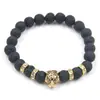 Venta caliente de AliExpress 8mm piedra negra esmerilada oro antiguo plata antigua cabeza de leopardo cabeza de león pulsera elástica para hombres y mujeres al por mayor