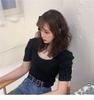 Camiseta de Manga Corta para Mujer Verano Diseño Niche Dulce Cool Corta Tejida Hombro Manga Abullonada Cuello Cuadrado Top Cintura Alta Estilo bm