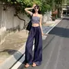Calças Casuais de Linho Tencel Azul Profundo Femininas Verão Estilo Fino 2026 Novas Calças de Perna Larga Soltas Caídas Comprimento Total