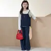 Conjunto de tres piezas de mezclilla con tirantes para niñas, estilo primavera y otoño, atuendo casual de moda coreana para niñas jóvenes, adecuado para niños mayores