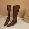 Botas Largas Sencillas, Debajo de la Rodilla, Botas Elásticas, Botas Ajustadas de Gamuza, Cierre Trasero, Punta Fina, Botas de Montar de Tacón Alto