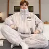 Conjunto de pijama masculino para outono e inverno, espesso, quente, com gola alta, corte solto, plus size, com zíper, adequado para usar como roupa externa