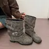 Botines de mujer estilo coreano hasta la pantorrilla con hebilla de cinturón, nuevo modelo de verano, botines Martin marrones de punta redonda, tacón medio, botines cortos plisados