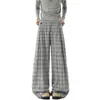 Pantalones plisados de cuadros retro estilo americano, unisex, adecuados para primavera y otoño, pierna recta, corte relajado, tela fluida, pierna ancha, pantalones largos casuales