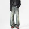 Estilo Americano Retro Tinta Salpicada Glitter Dirtyfit Jeans Micro-Lar Masculino Marca Tendência Calças Largas Retas de Perna Larga