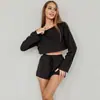 Comercio Exterior Europeo y Americano Verano Nuevo Suave Transpirable Tejido Rayas de Canalé Ombligo Manga Larga Pantalones Cortos Conjunto de Dos Piezas Ropa de Casa para Mujer